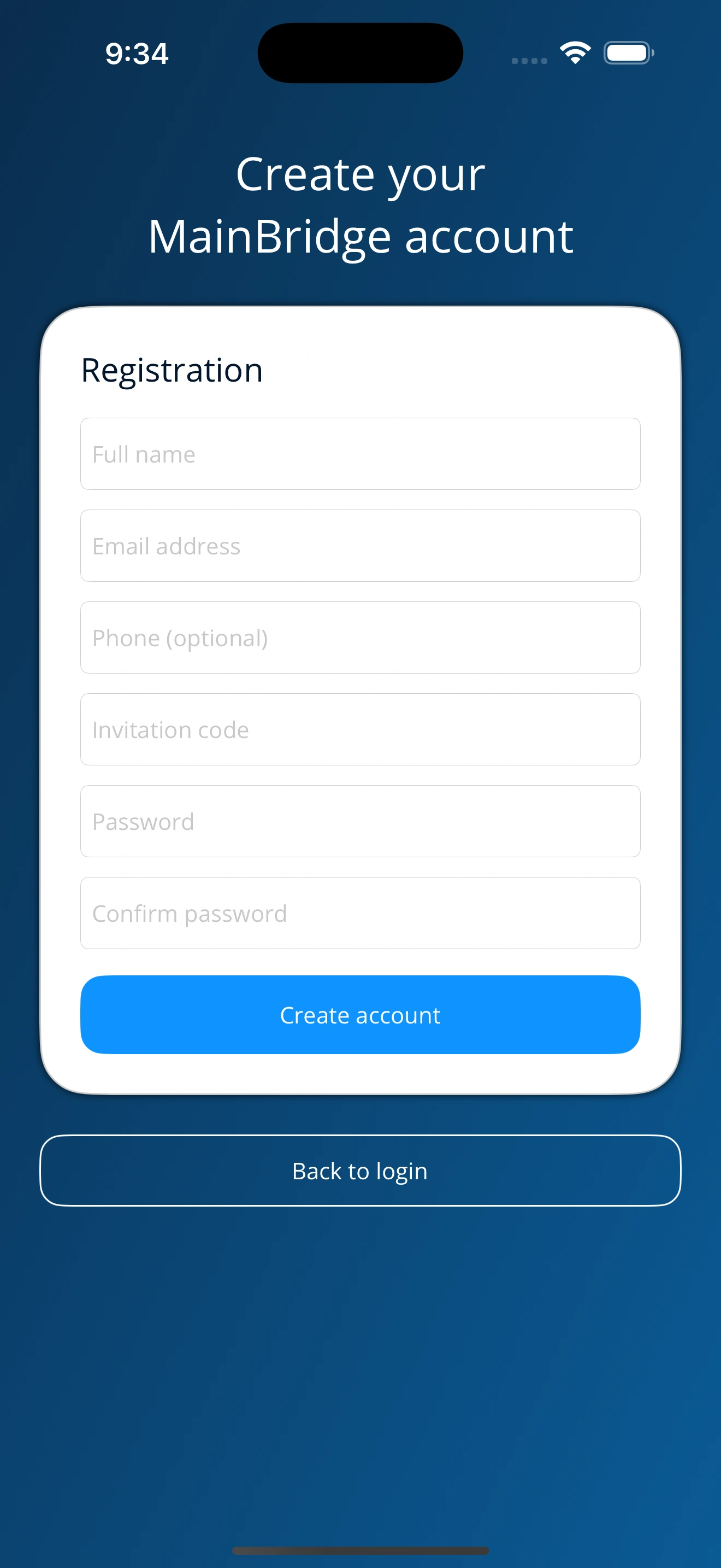 MainBridge Create Account Screen