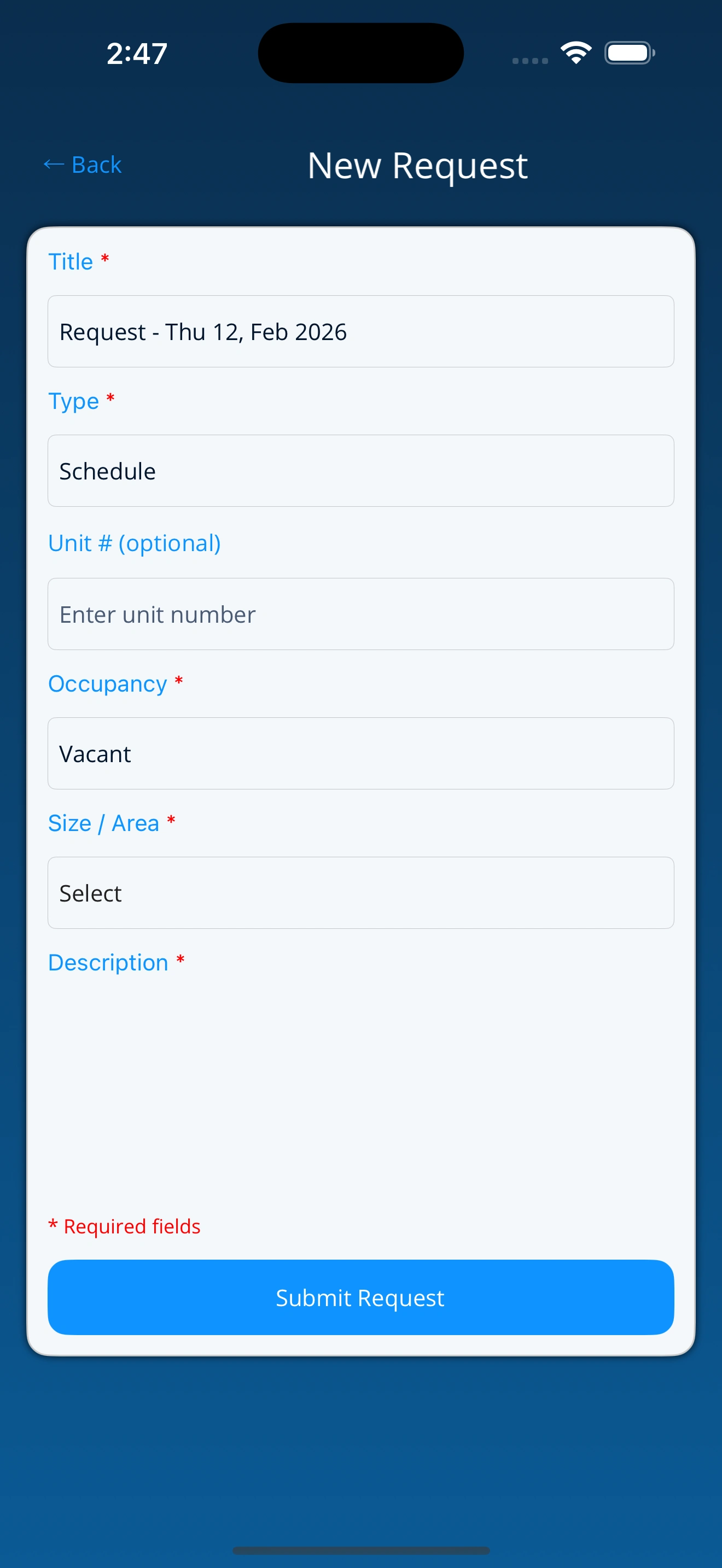 Service Request Screen